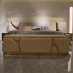 Warm Yellow Bed Bench with Hammered Gold Stainless Steel Branch Inlays